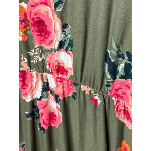 Derek Heart Floral Faux Wrap Dress Green Pink Short Sleeve 2X - Picture 7 of 11
